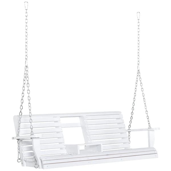 Rootz Hængebænk - Hollywood Swing - Med klapbord og kopholdere - Naturligt træ - Hvid - 150L x 75W x 53H cm