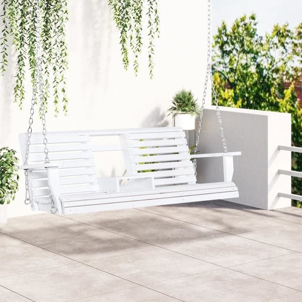 Rootz Hængebænk - Hollywood Swing - Med klapbord og kopholdere - Naturligt træ - Hvid - 150L x 75W x 53H cm