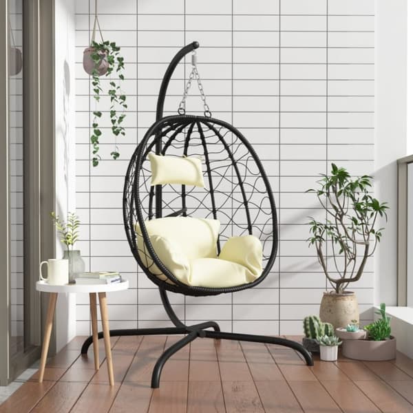 The Living Store Hängande stol med dyna gräddvit konstrotting & stål -  Hammockar