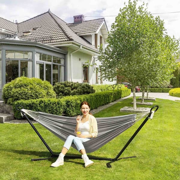 Rootz Hängmatta Set med Stativ - Utomhusgunga - Avslappningsstation - Bomulls-polyestertyg - Stabil metallram - 300cm x 90cm x 95cm