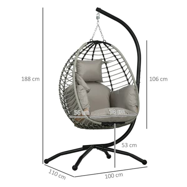 Rootz utomhushängande stol - Sitt- och ryggkudde - Fällbar sittkorg - Mugghållare - Metallram - Grå - 110L x 100W x 188H cm