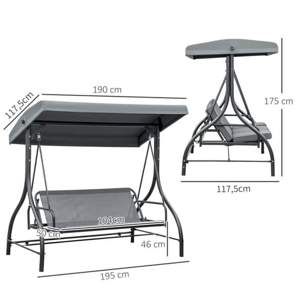 Rootz 3 Seats Swing Bench - kuistilla keinu - puutarhan keinu - auringonsuoja - vedenpitävä katos - 195 cm x 117cm x 175 cm