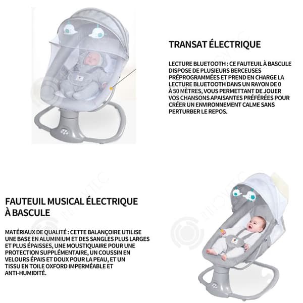 INN Elektrisk gunga 3 i 1 grå med fjärrkontroll 5 gunglägen bluetooth timer musik elektrisk gungstol