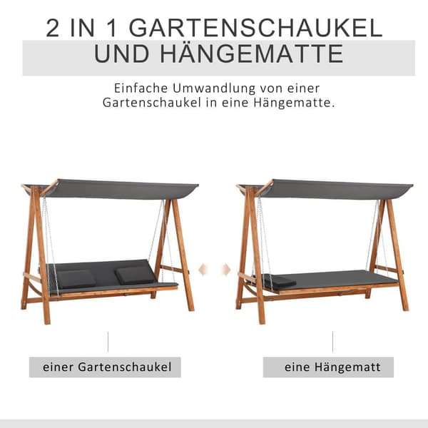 Havnegynge, Hollywoodschaukel 3-sæders med sengfunktion, 225.5x113x180 cm, Grå og Teak