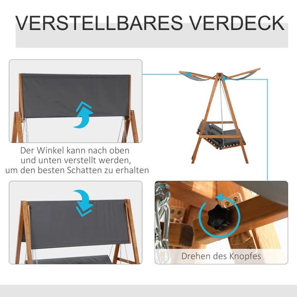 Havnegynge, Hollywoodschaukel 3-sæders med sengfunktion, 225.5x113x180 cm, Grå og Teak