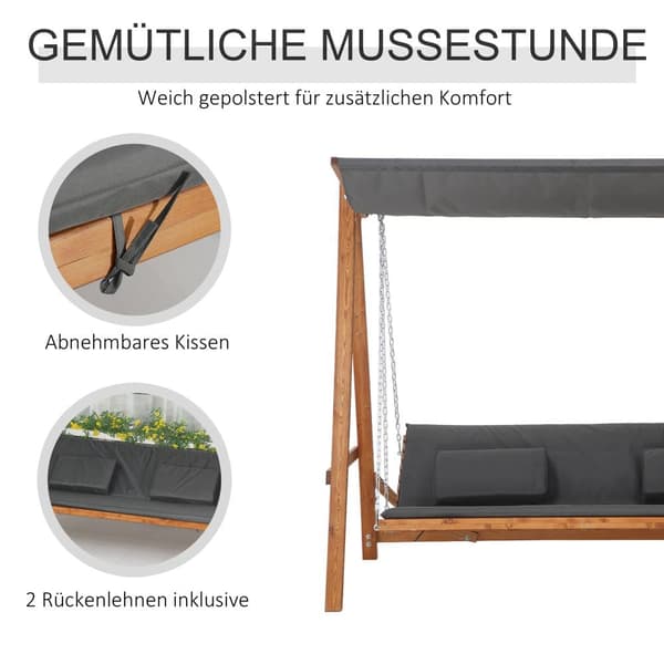 Havnegynge, Hollywoodschaukel 3-sæders med sengfunktion, 225.5x113x180 cm, Grå og Teak