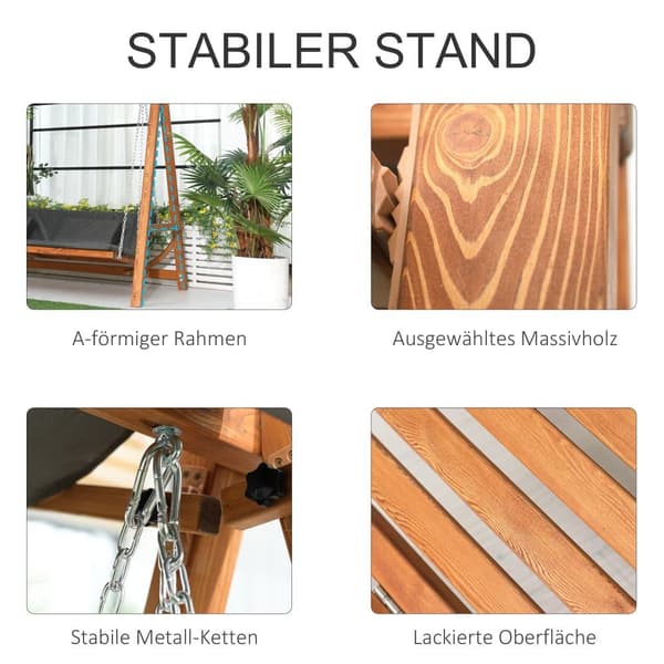 Havnegynge, Hollywoodschaukel 3-sæders med sengfunktion, 225.5x113x180 cm, Grå og Teak