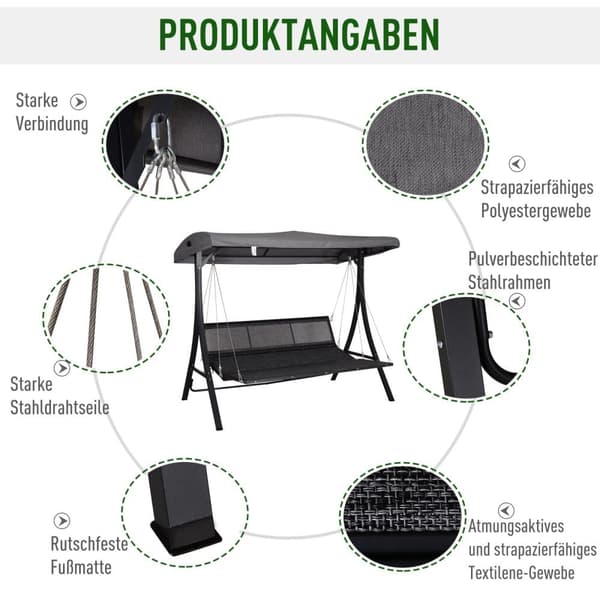 Keinunpenkki, 200x115 cm, Harmaa ja Musta