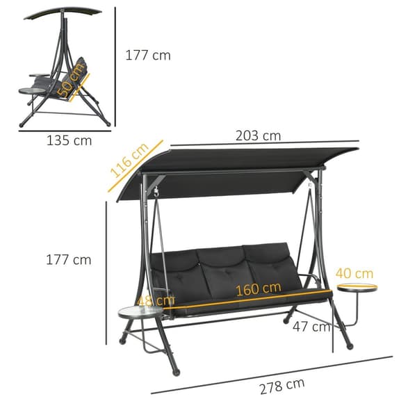 Rootz Hollywood Swing Bench - Puutarhan keinu - 3 -paikkainen keinu - Säädettävä kattoluukku - 278x135x177 cm - musta