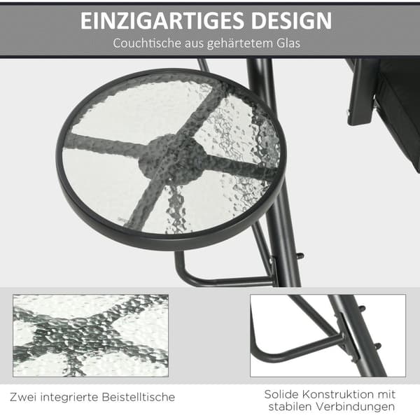 Rootz Hollywood Swing Bench - Puutarhan keinu - 3 -paikkainen keinu - Säädettävä kattoluukku - 278x135x177 cm - musta
