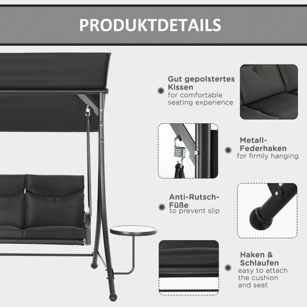 Rootz Hollywood Swing Bench - Puutarhan keinu - 3 -paikkainen keinu - Säädettävä kattoluukku - 278x135x177 cm - musta