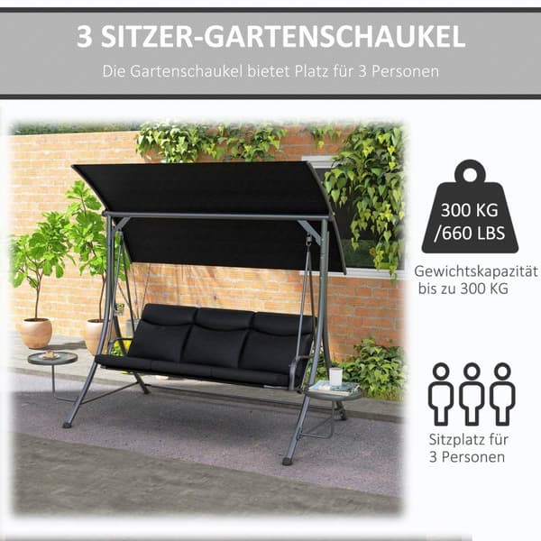 Rootz Hollywood Swing Bench - Puutarhan keinu - 3 -paikkainen keinu - Säädettävä kattoluukku - 278x135x177 cm - musta