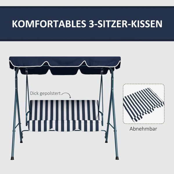 Rootz Hollywood Swing Garden -istuin - 3 -paikkainen keinu - ulkopenkki - säänkestävä - Säädettävä katto - 172 cm x 110cm x 153 cm - sininen ja valkoi