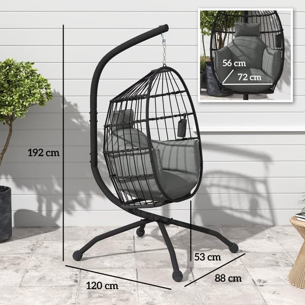 Rootz hængende udendørs svingstol - sammenfoldelig kurv sæde - ægstol - komfort med kopholder - 120 cm x 88 cm x 192 cm