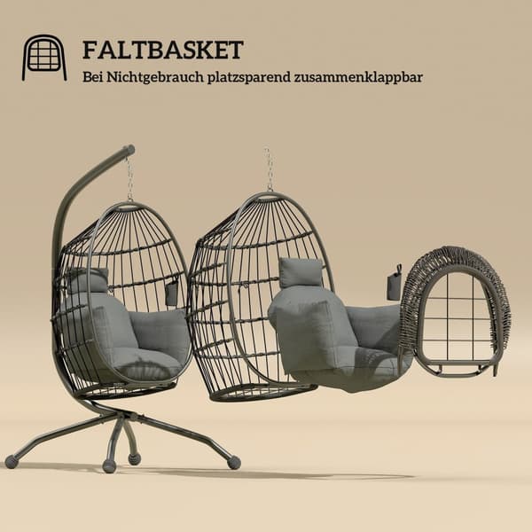 Rootz hængende udendørs svingstol - sammenfoldelig kurv sæde - ægstol - komfort med kopholder - 120 cm x 88 cm x 192 cm