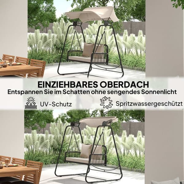 Rootz Rattan Hollywood Swing - 2 -paikkainen puutarhakello - ulkoilma - UV -kestäjä - 149 x 121 x 180 cm
