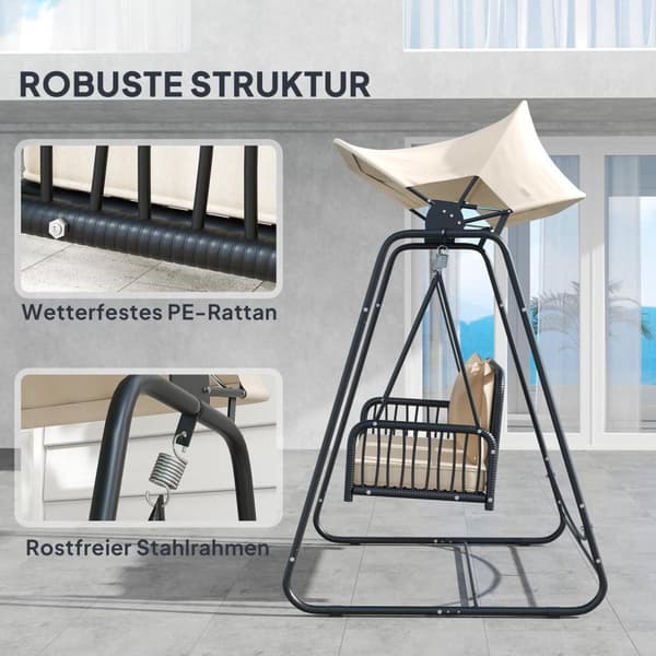 Rootz Rattan Hollywood Swing - 2 -paikkainen puutarhakello - ulkoilma - UV -kestäjä - 149 x 121 x 180 cm