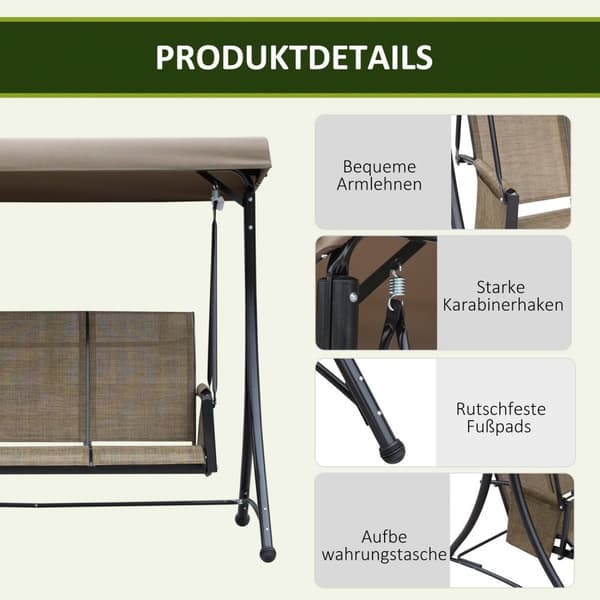 Rootz 3 -paikkainen keinupenkki - puutarhahenkilö - Patio Swing - kattoluukkusuoja - 196cm x 128cm x 172 cm