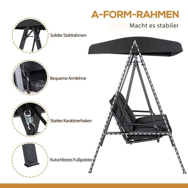 Rootz 2 -paikkainen Hollywood Swing - Puutarhan keinu - ulkoilma - Säädettävä katto - 145 x 116 x 172 cm - musta
