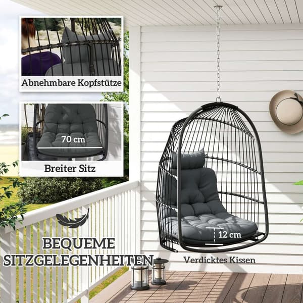 Rootz -roikkuu tuoli roikkuu kori - kääntötuoli - munatuoli - ergonominen mukavuus - 74L x 68W x 105H CM - Harmaa ja musta