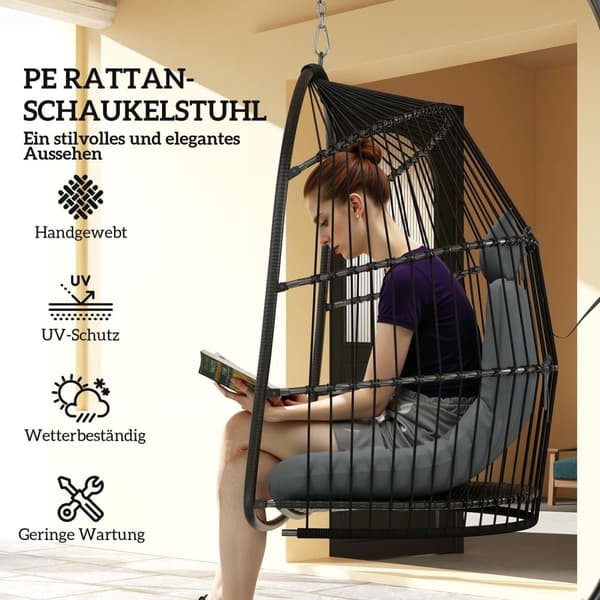 Rootz -roikkuu tuoli roikkuu kori - kääntötuoli - munatuoli - ergonominen mukavuus - 74L x 68W x 105H CM - Harmaa ja musta