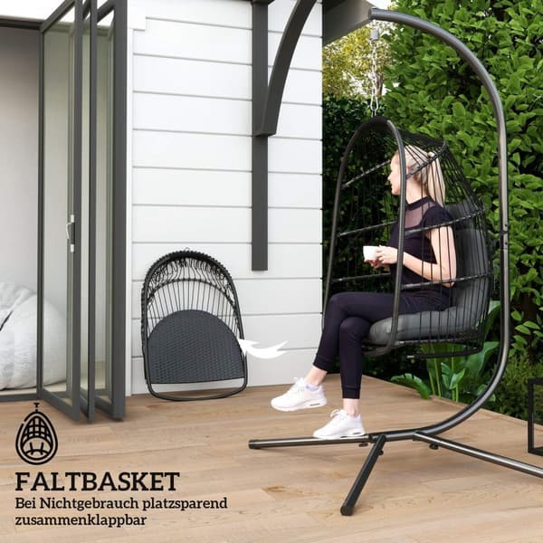 Rootz -roikkuu tuoli roikkuu kori - kääntötuoli - munatuoli - ergonominen mukavuus - 74L x 68W x 105H CM - Harmaa ja musta
