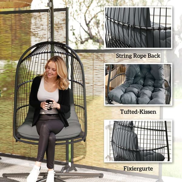 Rootz -roikkuu tuoli roikkuu kori - kääntötuoli - munatuoli - ergonominen mukavuus - 74L x 68W x 105H CM - Harmaa ja musta