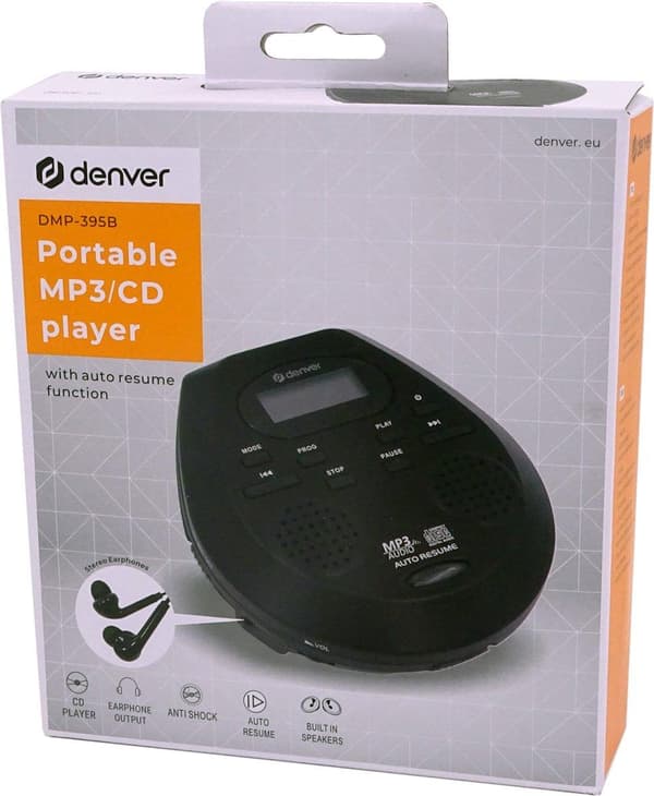 Denver DMP-395 - Bærbar CD-afspiller - discman - CD - MP3 - Autoresume - Repeat funktion - Sort