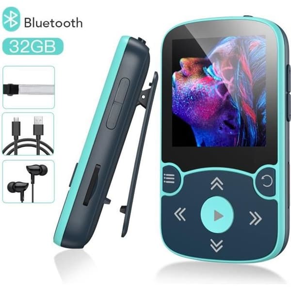 AGPTEK 32GB Bluetooth MP3-spelare med klämma och stegräknare - Förlustfri HiFi - FM Radio/Podo - Blå
