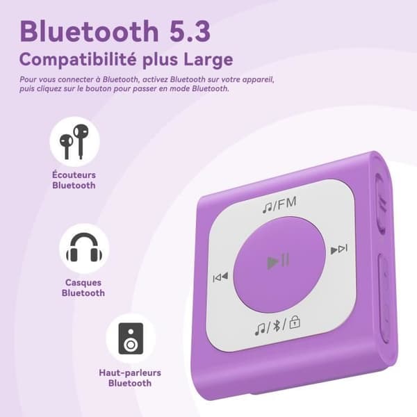 AGPTEK 64GB MP3 Bluetooth 5.2 Sport med klipp, bärbar musikspelare med FM-radio HiFi-ljudkapacitet på 13000+ spår, lila