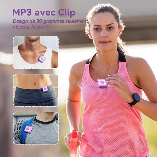 AGPTEK 64GB MP3 Bluetooth 5.2 Sport med klipp, bärbar musikspelare med FM-radio HiFi-ljudkapacitet på 13000+ spår, lila