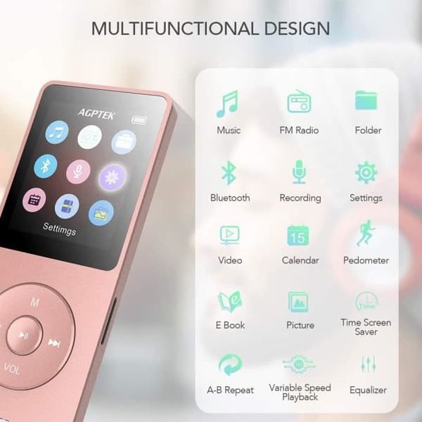 MP3 Bluetooth 4.0 med pekknappar 16GB, bärbar sportmusikspelare med stegräknare, FM-radio, stöder Micro SD-kort, rosa