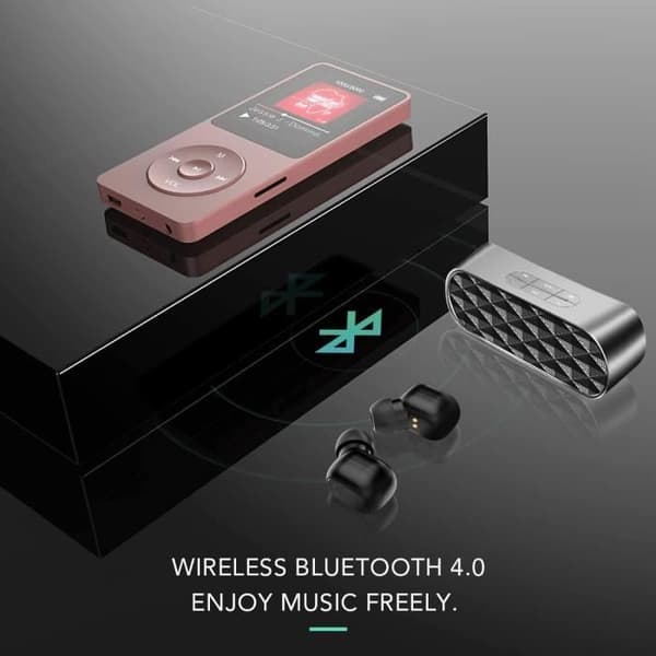 MP3 Bluetooth 4.0 med pekknappar 16GB, bärbar sportmusikspelare med stegräknare, FM-radio, stöder Micro SD-kort, rosa