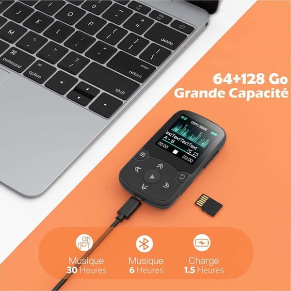 AGPTEK 64GB Bluetooth 5.3 MP3-spelare med klipp, HiFi Sports Music Player, 1,5 tums MP3 Walkman med volymknapp, FM-radio-svart