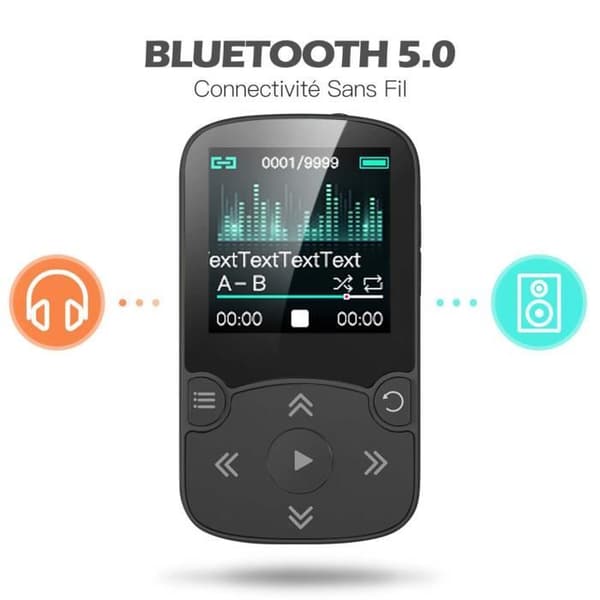 AGPTEK 64GB Bluetooth 5.3 MP3-spelare med klipp, HiFi Sports Music Player, 1,5 tums MP3 Walkman med volymknapp, FM-radio-svart