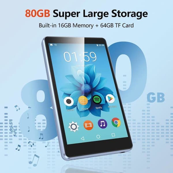 AGPTEK 80GB Bluetooth WiFi MP3 MP4-spelare, 4 tum stor pekskärm, MP4-spelare med kamera, högtalare, video, FM-blå