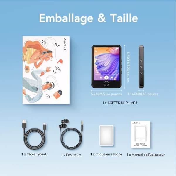 AGPTEK 64GB MP3-spelare, Bluetooth 5.3 MP3-spelare, 2,8 tums full pekskärm, inbyggd högtalare, HiFi-ljudkvalitet