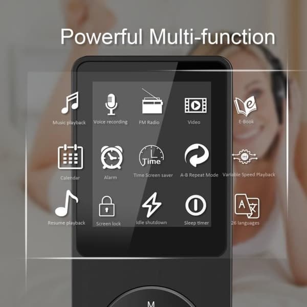 AGPTEK 16GB Mp3-spelare med inbyggd högtalare, FM-radio, inspelning, 1,8" e-Book Sports MP3-spelare, utbyggbar till 128GB-svart