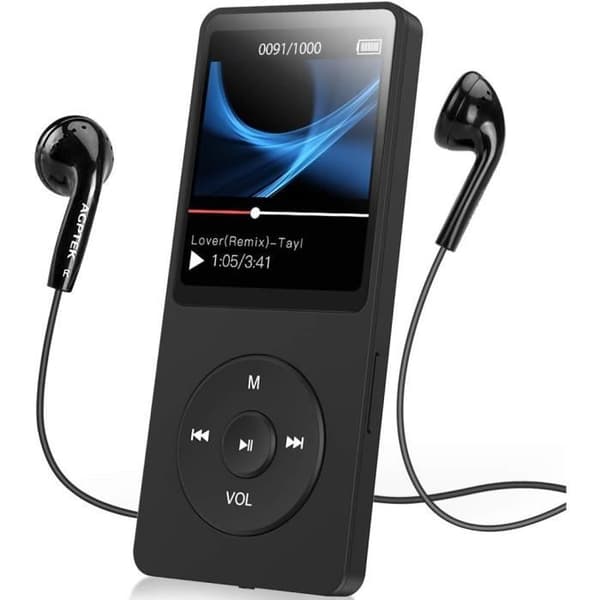 AGPTEK 16GB Mp3-spelare med inbyggd högtalare, FM-radio, inspelning, 1,8" e-Book Sports MP3-spelare, utbyggbar till 128GB-svart