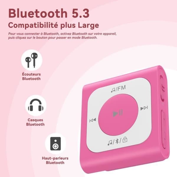 AGPTEK 64GB MP3 Bluetooth 5.2 Sport med klipp, bärbar musikspelare med FM-radio HiFi-ljud Kapacitet på 13000+ spår, rosa