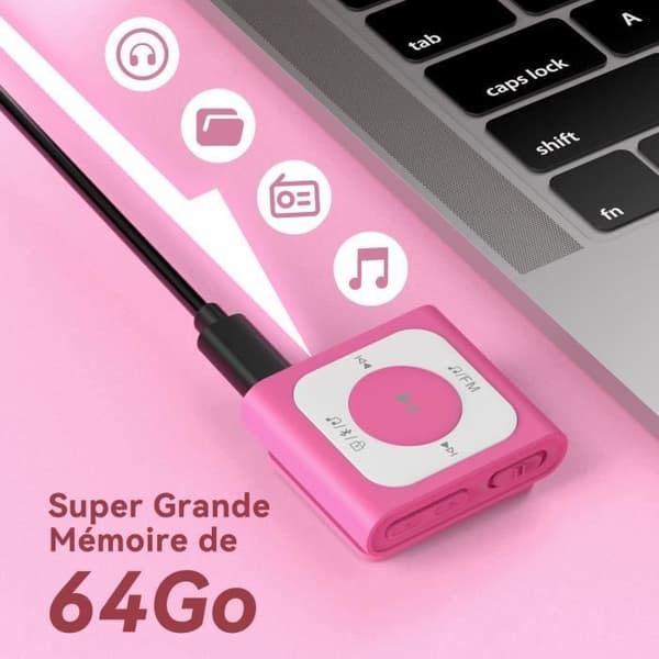 AGPTEK 64GB MP3 Bluetooth 5.2 Sport med klipp, bärbar musikspelare med FM-radio HiFi-ljud Kapacitet på 13000+ spår, rosa