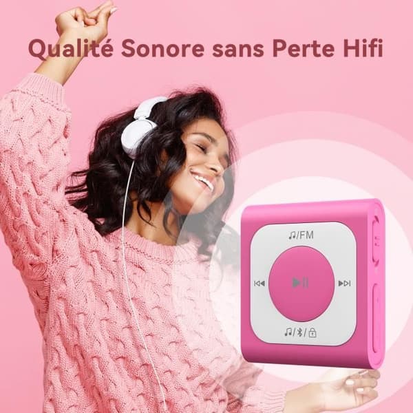 AGPTEK 64GB MP3 Bluetooth 5.2 Sport med klipp, bärbar musikspelare med FM-radio HiFi-ljud Kapacitet på 13000+ spår, rosa