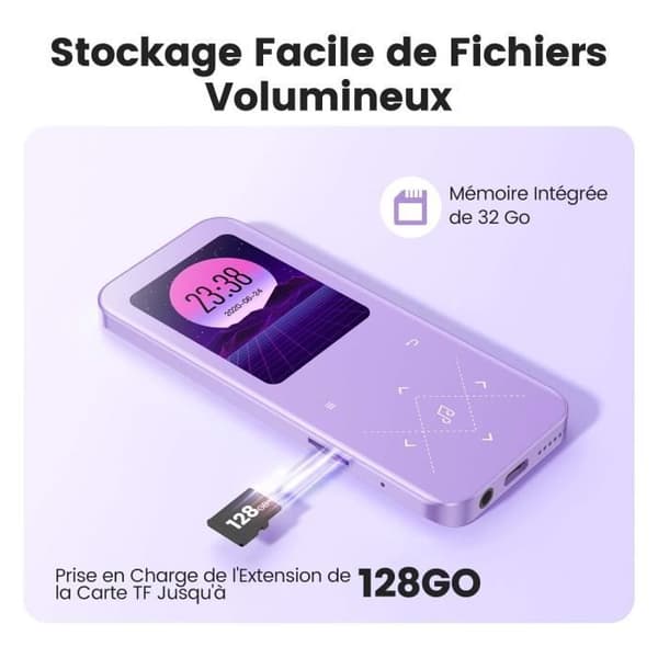 AGPTEK 32GB MP3-spelare Bluetooth 5.3 med pekknappar, 2,4 tum stor skärm, HD-högtalare, TF-kort upp till 128G - lila