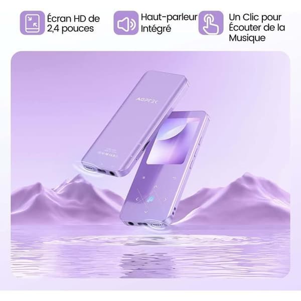 AGPTEK 32GB MP3-spelare Bluetooth 5.3 med pekknappar, 2,4 tum stor skärm, HD-högtalare, TF-kort upp till 128G - lila