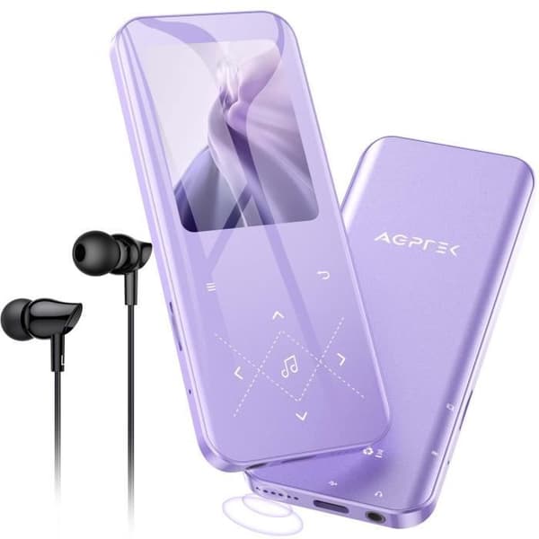 AGPTEK 32GB MP3-spelare Bluetooth 5.3 med pekknappar, 2,4 tum stor skärm, HD-högtalare, TF-kort upp till 128G - lila