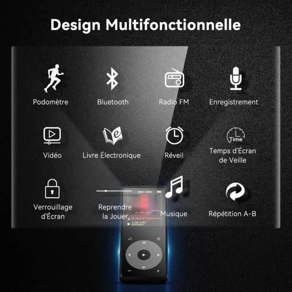 AGPTEK MP3-spelare Bluetooth 5.3 med högtalare 1,8" skärm Metal musikspelare med förlustfritt ljud/pekknapp/FM-radio
