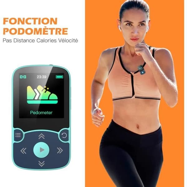 AGPTEK 64GB Bluetooth 5.3 MP3-spelare med klipp, HiFi Sports Music Player, 1,5 tums MP3 Walkman med volymknapp, FM Radio-Blue