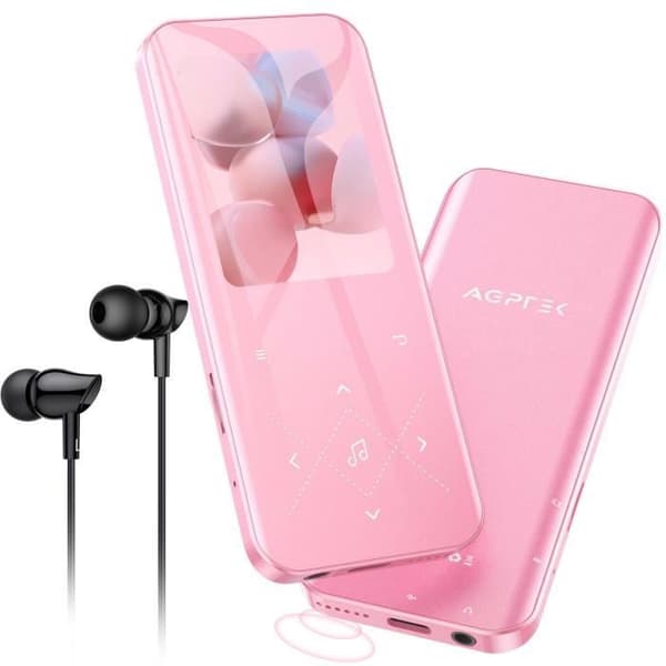 AGPTEK 32GB Bluetooth 5.3 MP3-högtalare med pekknappar, 2,4 tum stor skärm, TF-kort upp till 128G - Rosa