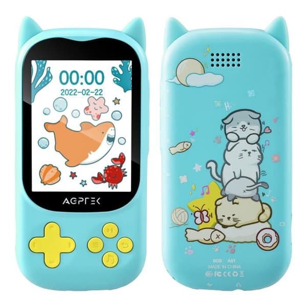 AGPTEK 8GB MP3-spelare för barn med Bluetooth 5.3, Cat Shape Design, HD-högtalare, 2,4" TFT-skärm, TF-kort upp till 128G-blått