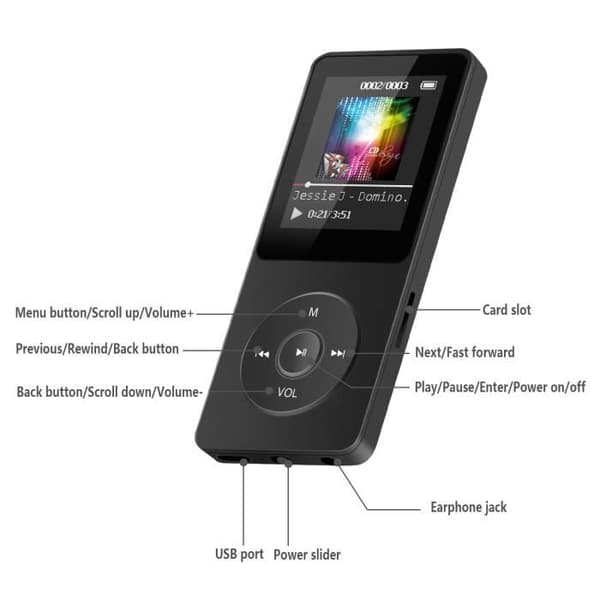 AGPTEK 8GB MP3-spelare med 1,8” skärm och 70 timmars batteritid - Svart